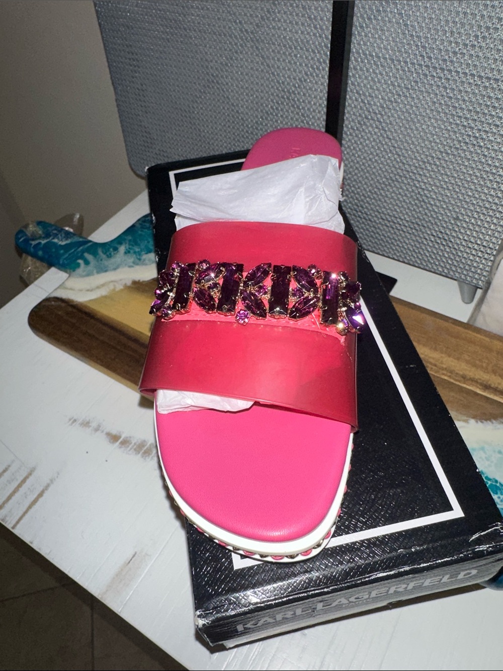 Karl Lagerfeld Pink Jeweled Slide Sandals